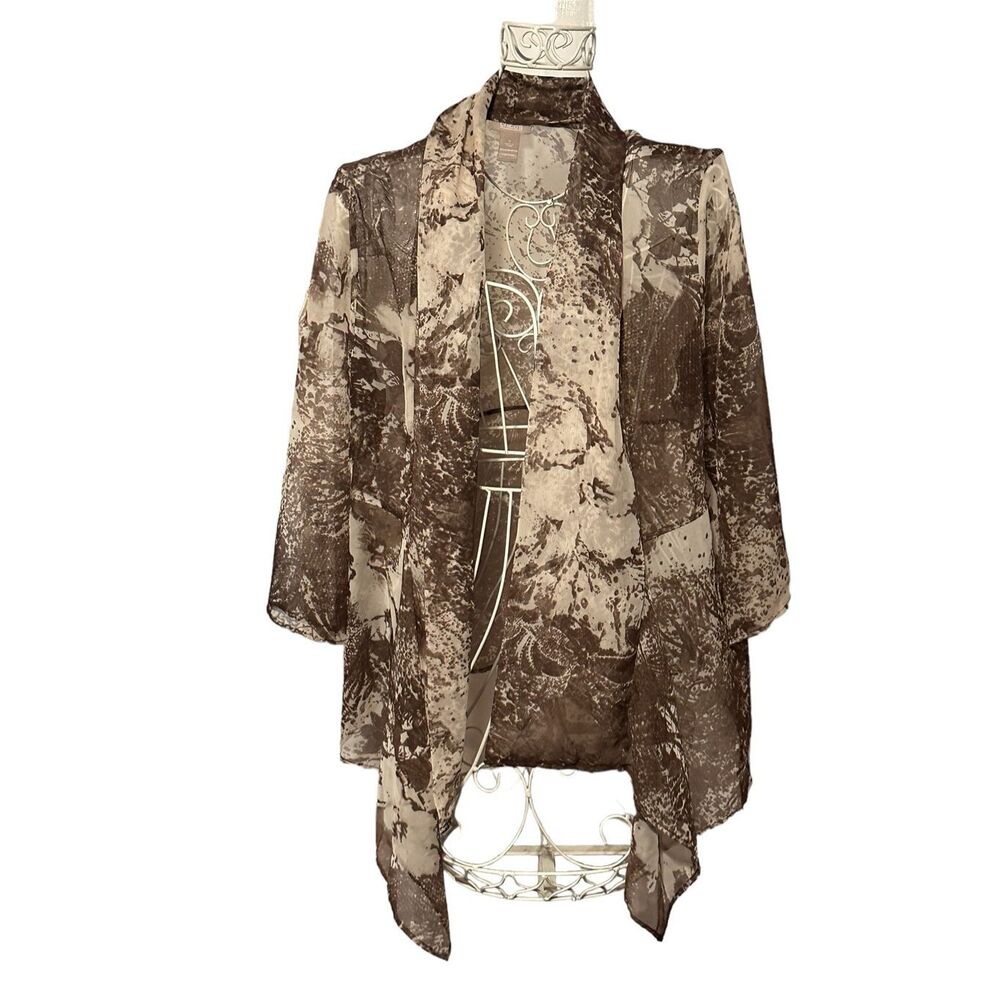 Beautiful Chicos Womens Brown Cream Lightweight sheer Jacket cardigan size 2 (la